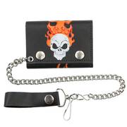 Кошелек / бумажник Tri-fold Skull with Flames Black Leather Wallet